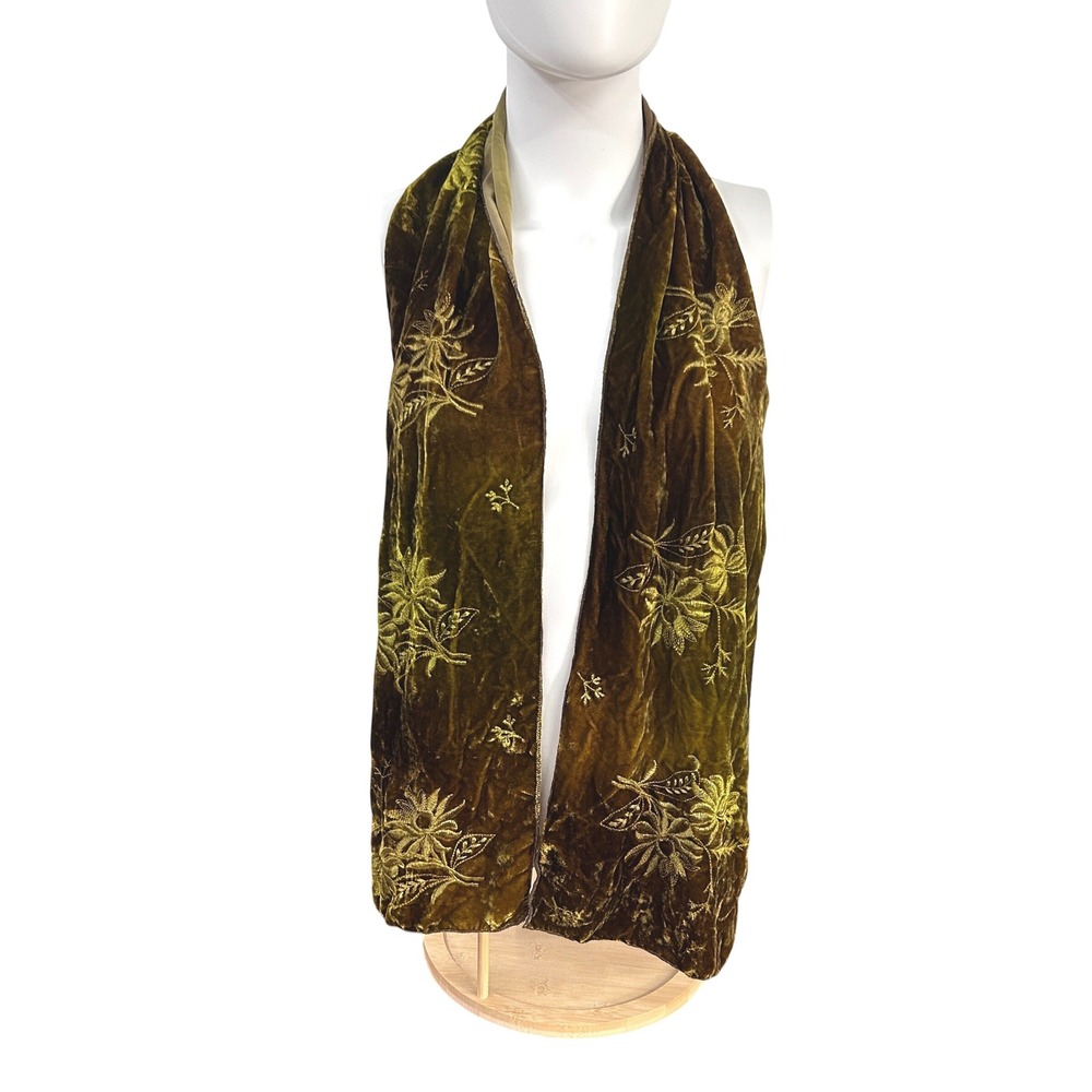 Silk Velvet Scarf Olive Embroidered Floral Whimsigoth Earthy Boho Dana Herbert